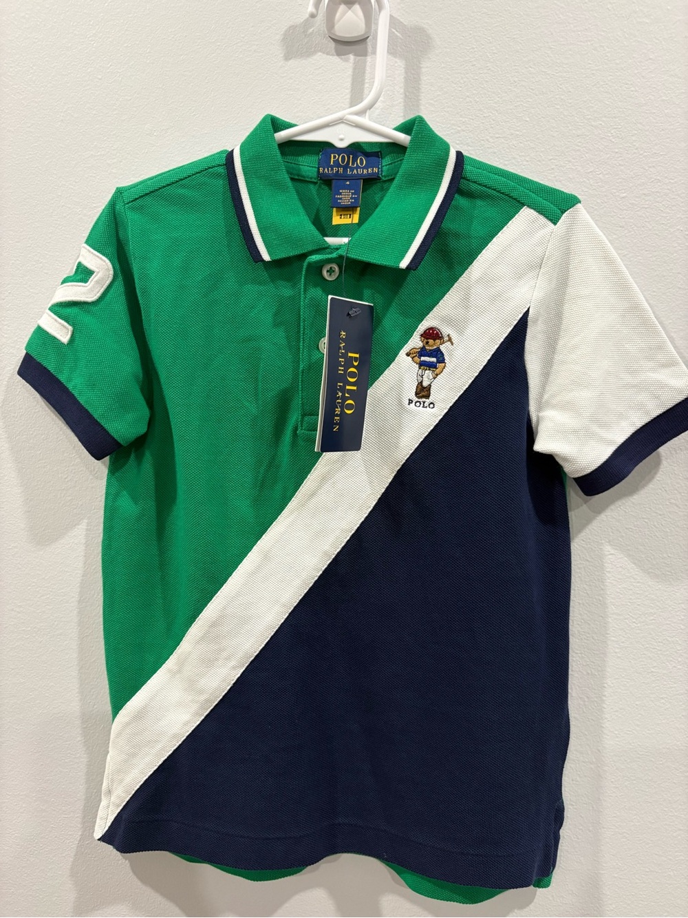 Polo by Ralph Lauren Kids Green/Navy/White Diagonal Polo Shirt with Polo Bear